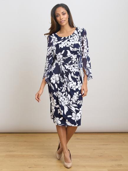 Gina Bacconi Harmony Floral Ruched Dress, Navy/White, Navy/White