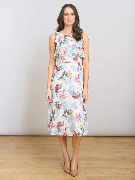 Gina Bacconi Tulisa Floral Ruffle Dress, White/Multi, White/Multi