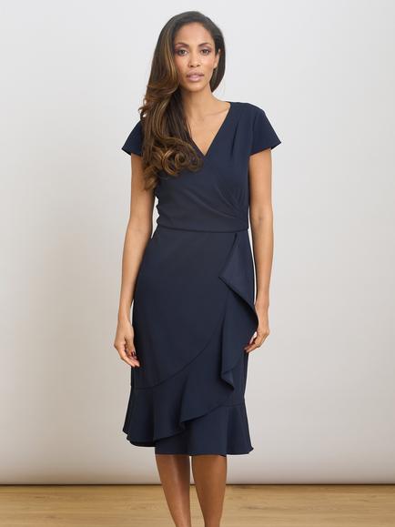 Gina Bacconi Crepe Ruffle Hem Dress, Navy, Navy