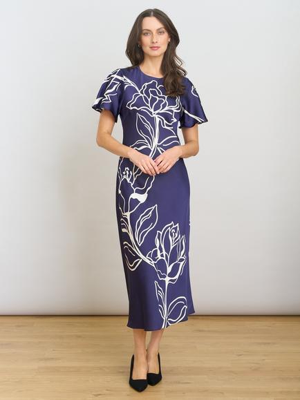 Gina Bacconi Meg Floral Outline Midi Dress, Navy, Navy