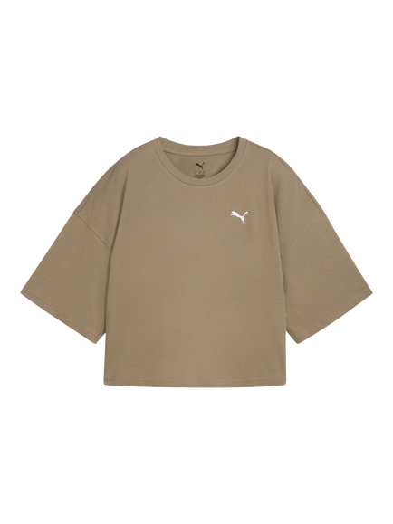 PUMA Wardrobe Essentials Logo Oversized Cropped T-Shirt, Velvet Moss