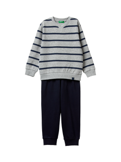 Benetton Kids' Fleece Striped Tracksuit, Grey/Navy, Grey/Navy
