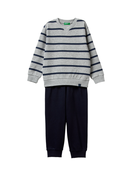 Benetton Kids' Fleece Striped Tracksuit, Grey/Navy, Grey/Navy