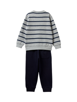 Benetton Kids' Fleece Striped Tracksuit, Grey/Navy - view 2, Grey/Navy