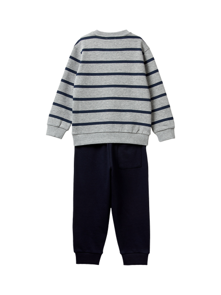 Benetton Kids' Fleece Striped Tracksuit, Grey/Navy - view 2, Grey/Navy