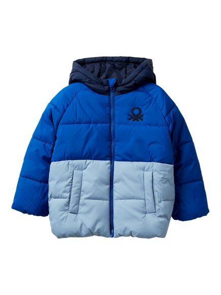 Benetton Kids' Colour Block Puffer Jacket, Blue Multi, Blue Multi