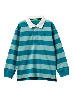 Benetton Kids' Long Sleeve Stripe Rugby Polo Shirt, Blue Multi, Blue Multi