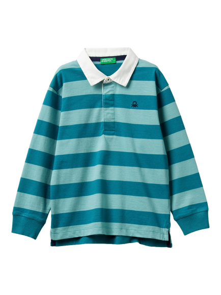 Benetton Kids' Long Sleeve Stripe Rugby Polo Shirt, Blue Multi, Blue Multi