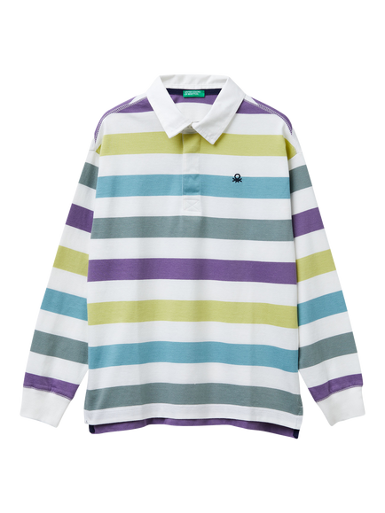 Benetton Kids' Long Sleeve Stripe Polo Shirt, White/Multi, White/Multi