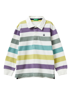 Benetton Kids' Long Sleeve Stripe Rugby Polo Shirt, White/Multi, White/Multi