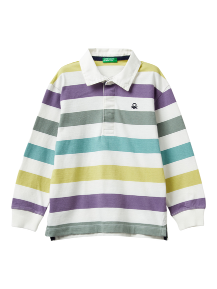 Benetton Kids' Long Sleeve Stripe Rugby Polo Shirt, White/Multi, White/Multi