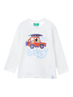 Benetton Kids' Long Sleeve Bluey Print T-Shirt, White/Multi, White/Multi