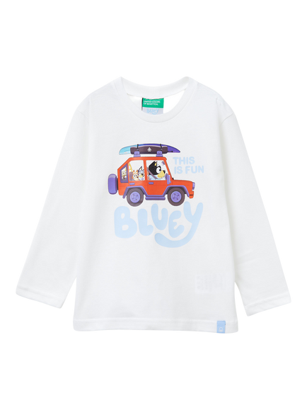 Benetton Kids' Long Sleeve Bluey Print T-Shirt, White/Multi, White/Multi