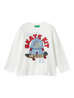 Benetton Kids' Long Sleeve Graphic Print T-Shirt, White/Multi, White/Multi