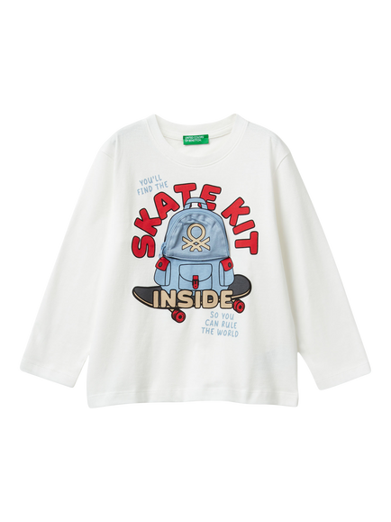 Benetton Kids' Long Sleeve Graphic Print T-Shirt, White/Multi, White/Multi