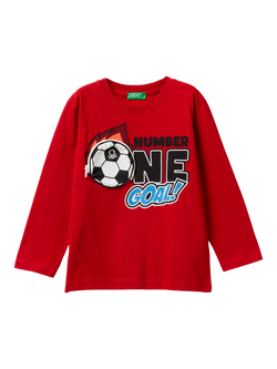 Benetton Kids' Long Sleeve Football Graphic T-Shirt, Red/Multi, Red/Multi