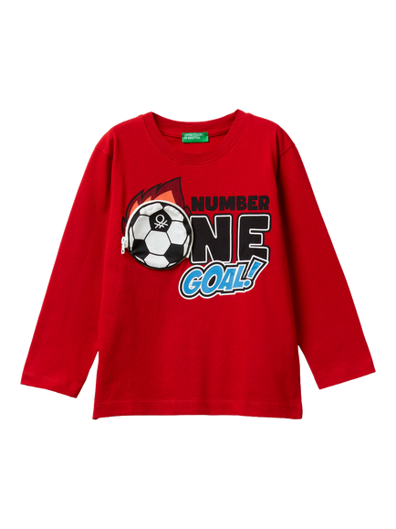 Benetton Kids' Long Sleeve Football Graphic T-Shirt, Red/Multi, Red/Multi