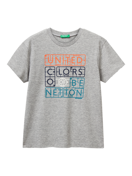 Benetton Kids' Short Sleeve Logo Print T-Shirt, Grey, Grey