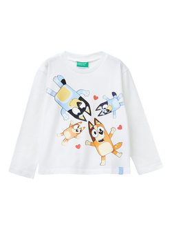 Benetton Kids' Long Sleeve Bluey Print T-Shirt, White/Multi, White/Multi