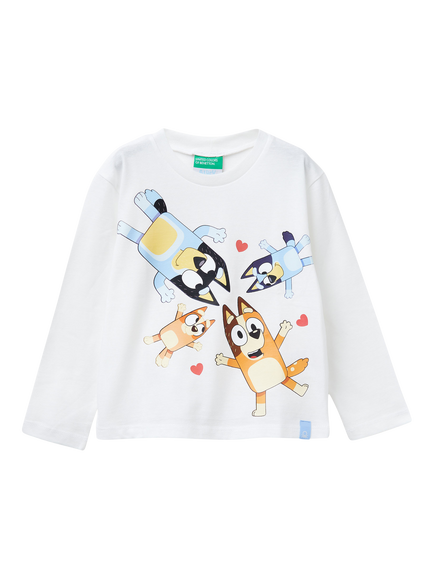 Benetton Kids' Long Sleeve Bluey Print T-Shirt, White/Multi, White/Multi