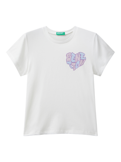 Benetton Kids' Short Sleeve Glitter Logo T-Shirt, White, White