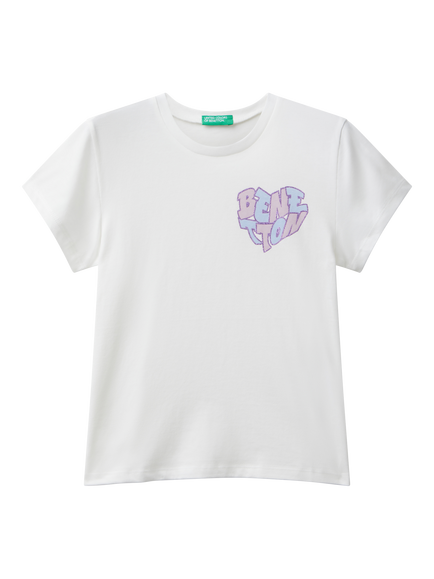 Benetton Kids' Short Sleeve Glitter Logo T-Shirt, White, White