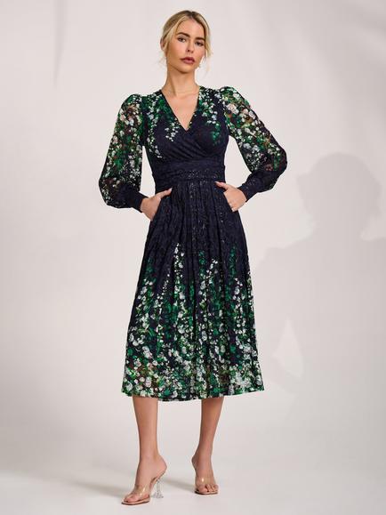 Jolie Moi Wrap Neck Lace Midi Dress, Green Multi, Green Multi