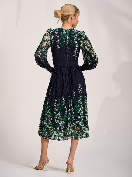 Jolie Moi Wrap Neck Lace Midi Dress, Green Multi - view 2, Green Multi