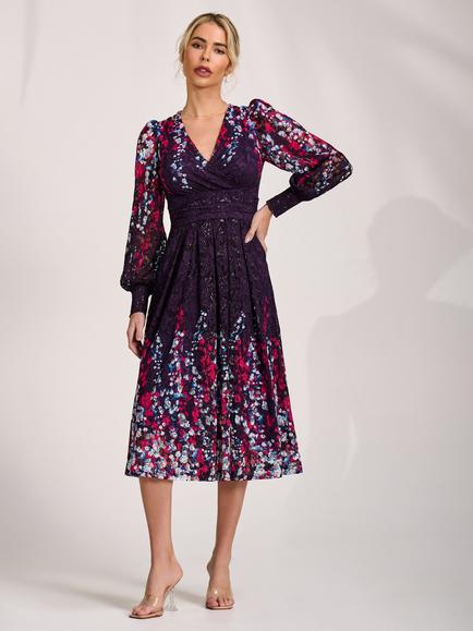 Jolie Moi Wrap Neck Lace Dress, Purple Multi, Purple Multi