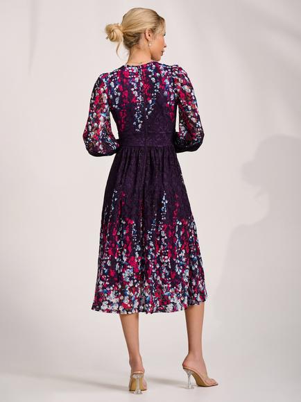 Jolie Moi Wrap Neck Lace Dress, Purple Multi - view 2, Purple Multi