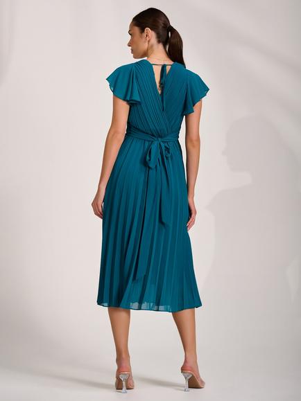Jolie Moi Ruffle Detail Pleated Midi Dress, Teal - view 2, Teal
