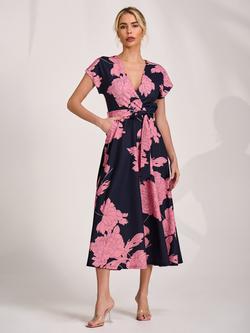 Jolie Moi Wrap Neck Scuba Midaxi Dress, Pink Floral, Pink Floral