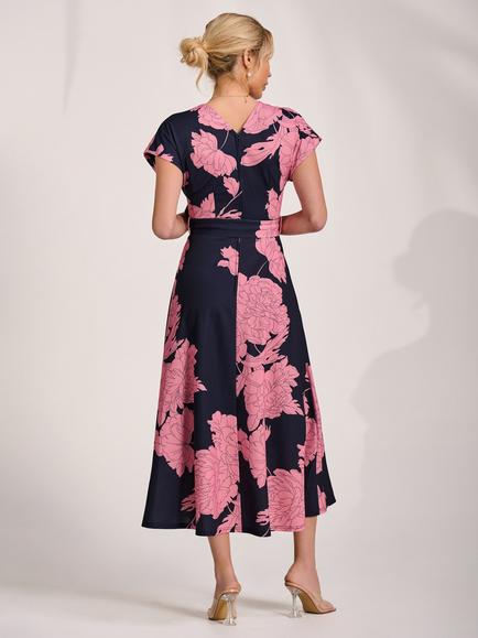 Jolie Moi Wrap Neck Scuba Midaxi Dress, Pink Floral - view 2, Pink Floral