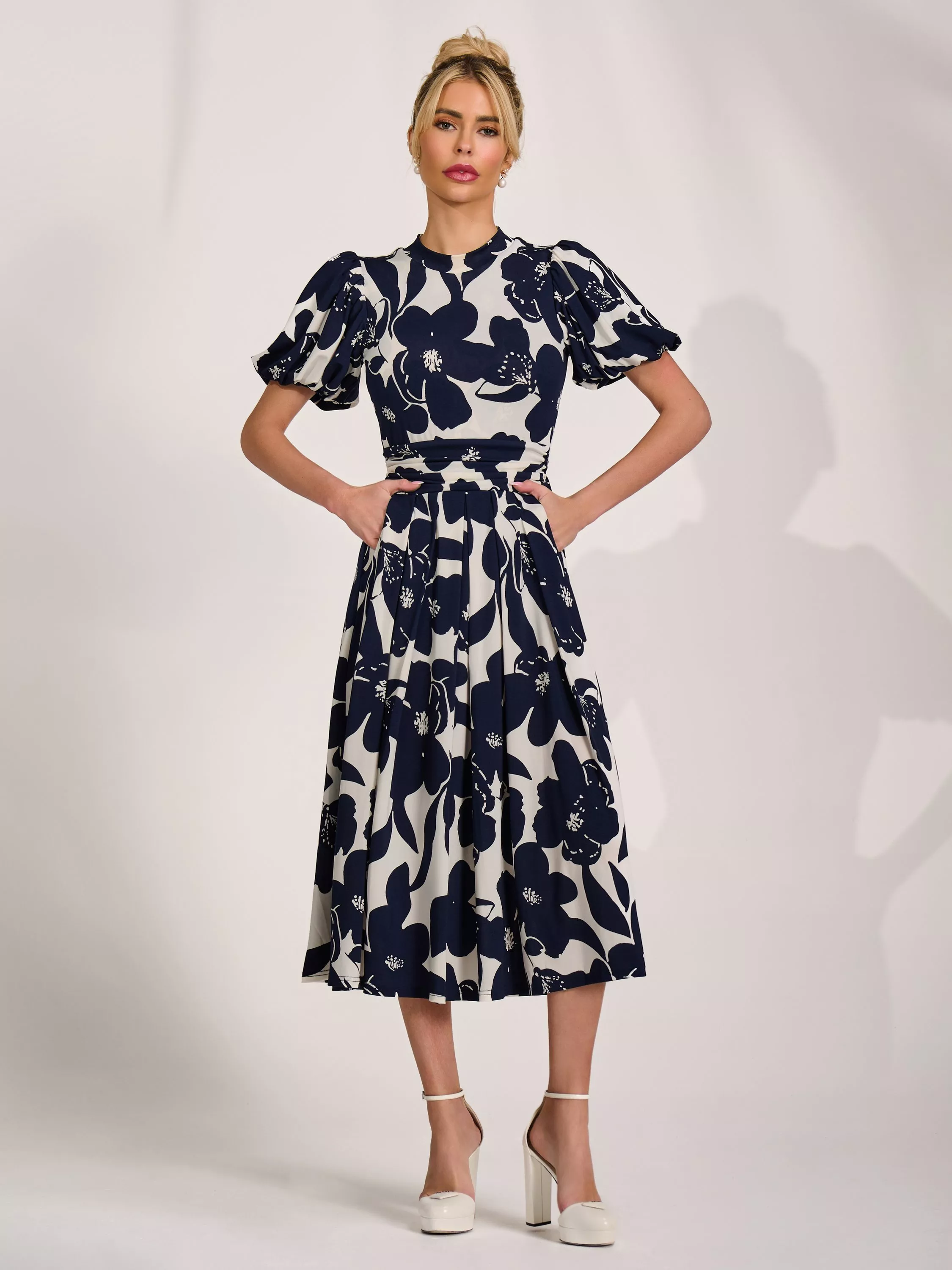 Jolie Moi Turtleneck Puff Sleeve Jersey Midi Dress, Cream Floral