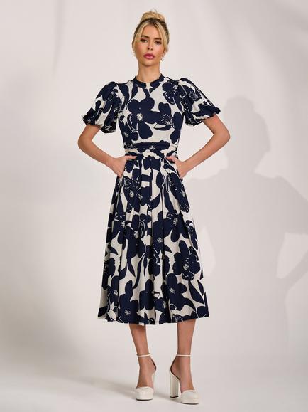 Jolie Moi Turtleneck Puff Sleeve Jersey Midi Dress, Cream Floral, Cream Floral
