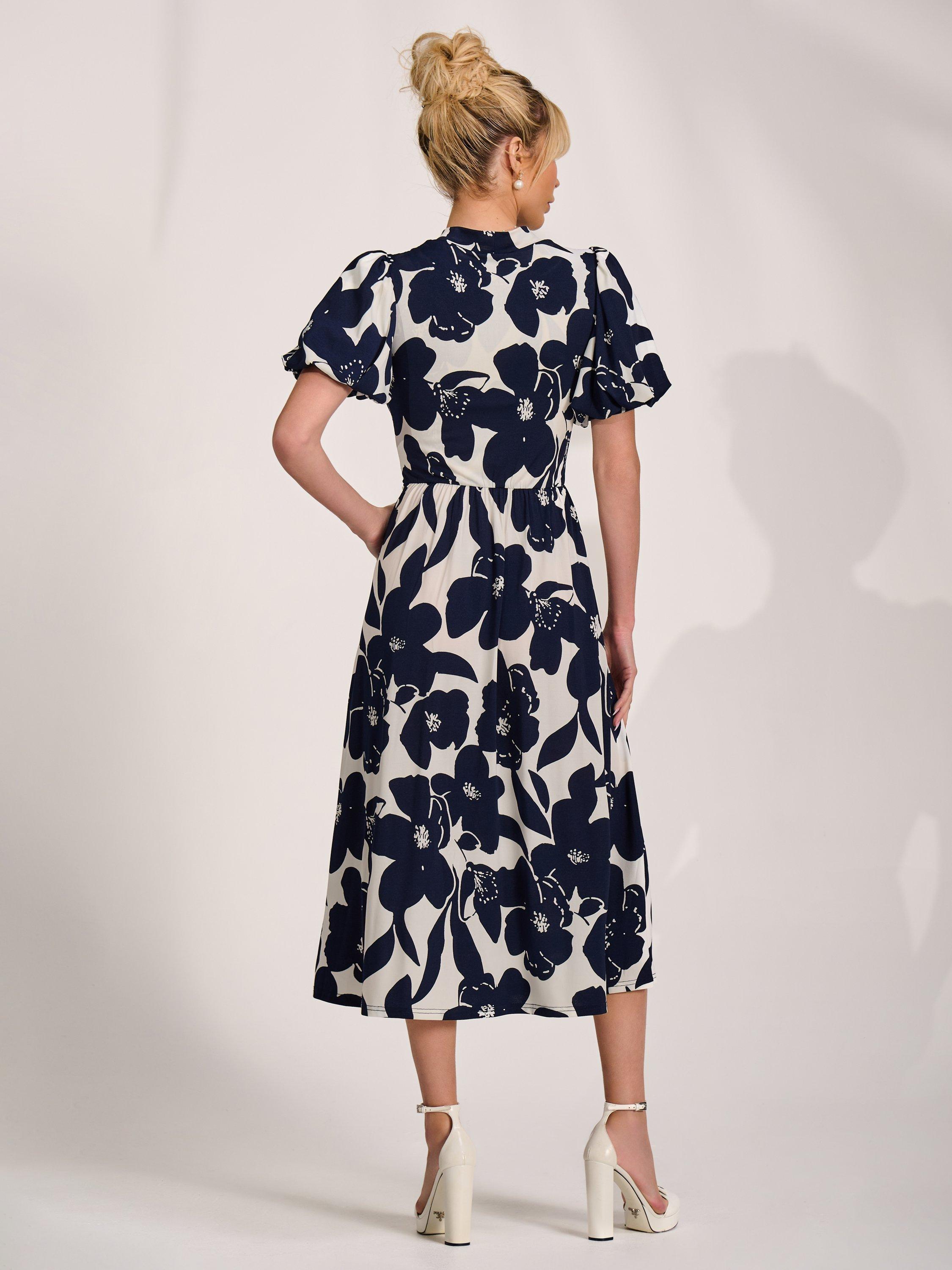 Jolie Moi Turtleneck Puff Sleeve Jersey Midi Dress, Cream Floral