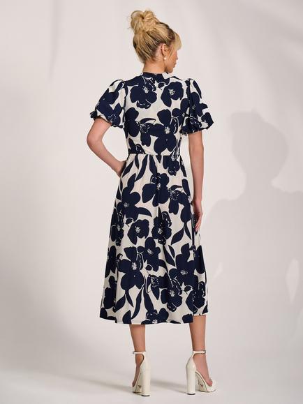 Jolie Moi Turtleneck Puff Sleeve Jersey Midi Dress, Cream Floral - view 2, Cream Floral