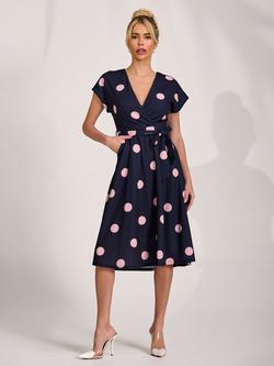 Jolie Moi V-Neck Kimono Sleeve Scuba Dress, Navy Spot, Navy Spot