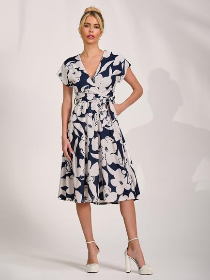 Jolie Moi V-Neck Kimono Sleeve Scuba Dress, Navy Floral, Navy Floral