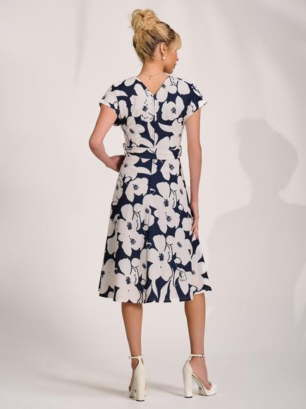 Jolie Moi V-Neck Kimono Sleeve Scuba Dress, Navy Floral - view 2, Navy Floral