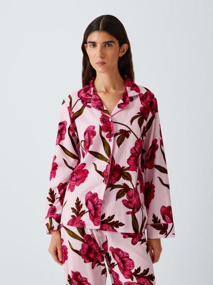 John Lewis Linear Floral Cotton Button Through Long Pyjama Set, Pink, Pink