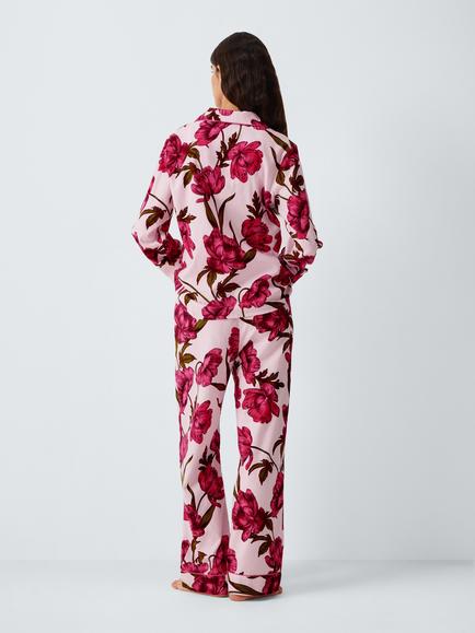 John Lewis Linear Floral Cotton Button Through Long Pyjama Set, Pink - view 2, Pink