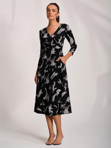 Jolie Moi Wrap Neck Flare Midi Dress, Black Abstract, Black Abstract