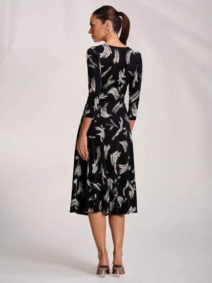 Jolie Moi Wrap Neck Flare Midi Dress, Black Abstract - view 2, Black Abstract