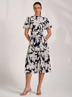 Jolie Moi Puff Sleeve Jersey Midi Dress, Navy Floral, Navy Floral