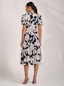 Jolie Moi Puff Sleeve Jersey Midi Dress, Navy Floral - view 2, Navy Floral