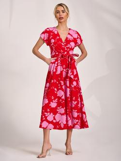 Jolie Moi Tie Waist Kimono Midaxi Dress, Red Floral, Red Floral