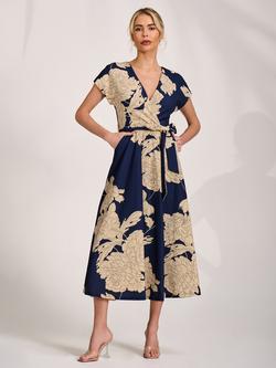 Jolie Moi Tie Waist Kimono Sleeve Dress, Navy Floral, Navy Floral