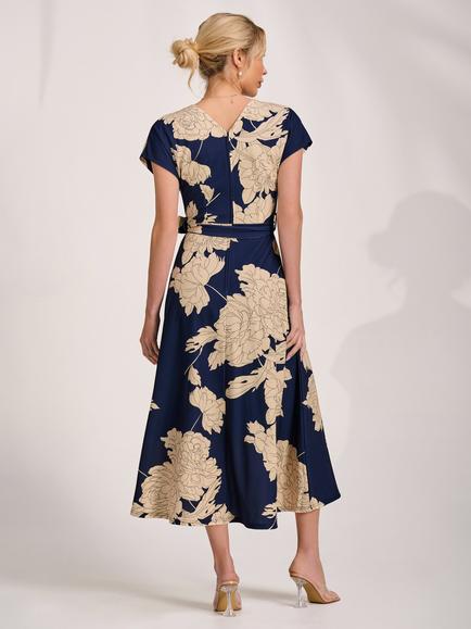 Jolie Moi Tie Waist Kimono Sleeve Dress, Navy Floral - view 2, Navy Floral