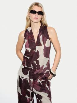 Jigsaw Iris Leaf Print Pure Linen Top, Burgundy, Burgundy
